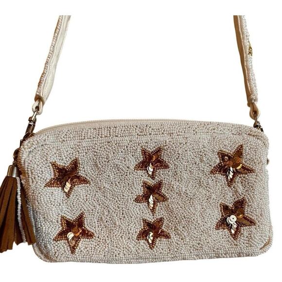Beaded White Gold Star Crossbody Handbag Purse Rockstar Removeable Strap Bridal - Picture 6 of 16